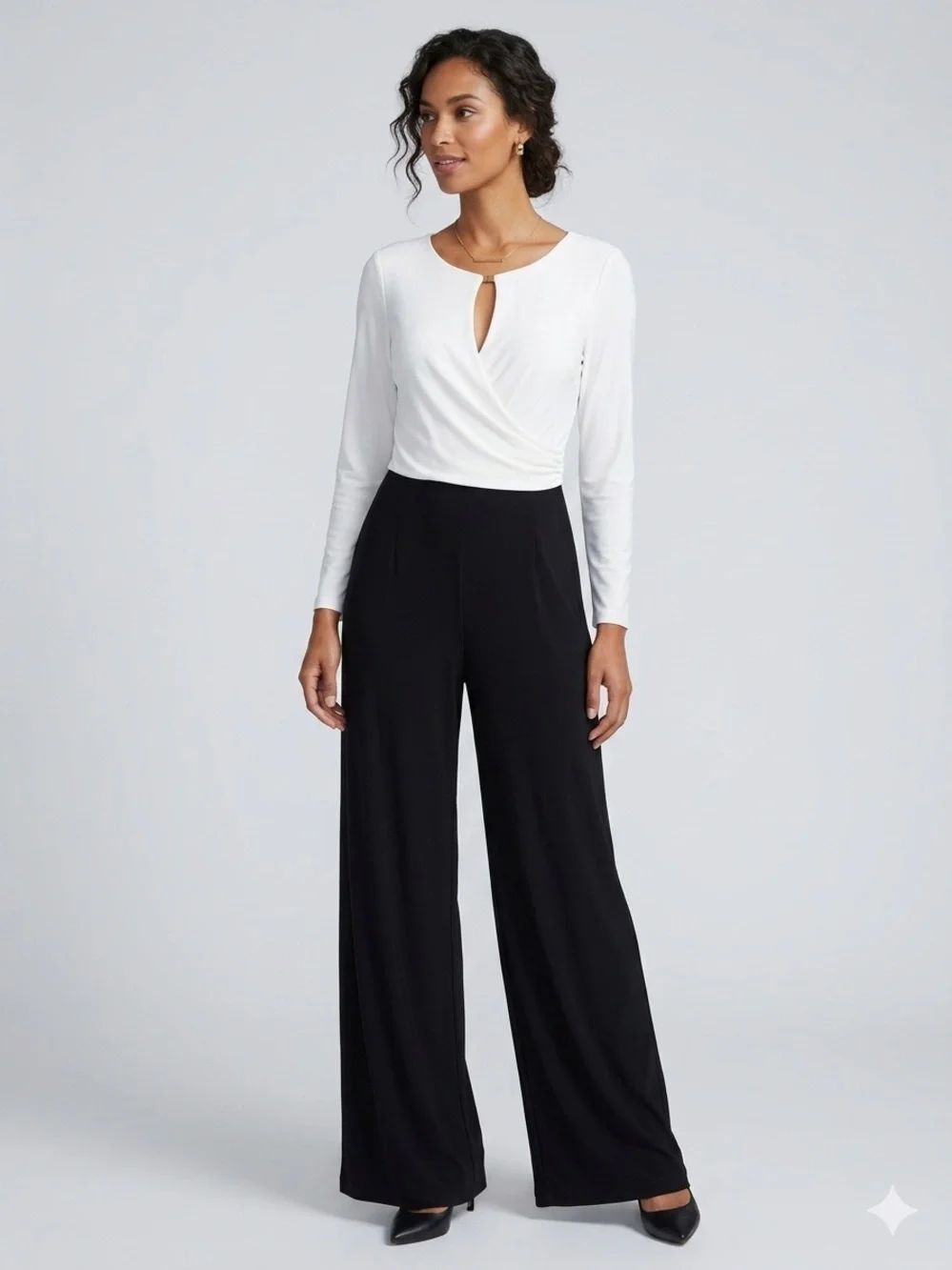 Anne KleinWhite Long-Sleeve Keyhole Jumpsuit professional business casual formal